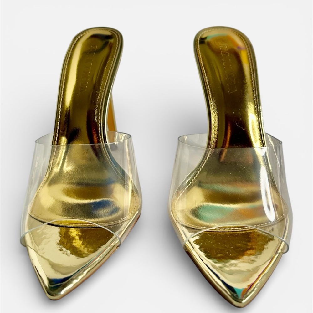 Fashion Nova Gold Pointed-Toe Mule with Clear Strap